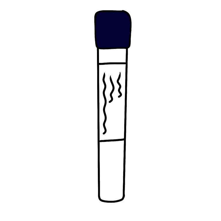 A navy blue topped blood collection tube. The tube is cylindrical with a navy blue plastic cap and a transparent body